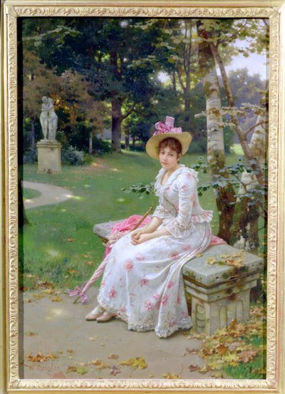 Young Woman Waiting on a Park Bench with a Parasol by Wilhelm Menzler